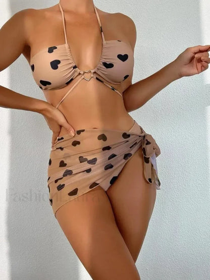 Heart Print Wrap Bikini Three Piece Set Brown / S