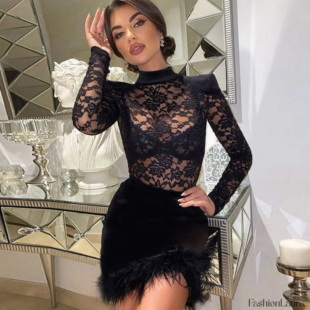 High Neck Long Sleeve Floral Lace Panel Trim Mini Dress Black M / Black Party Dresses L