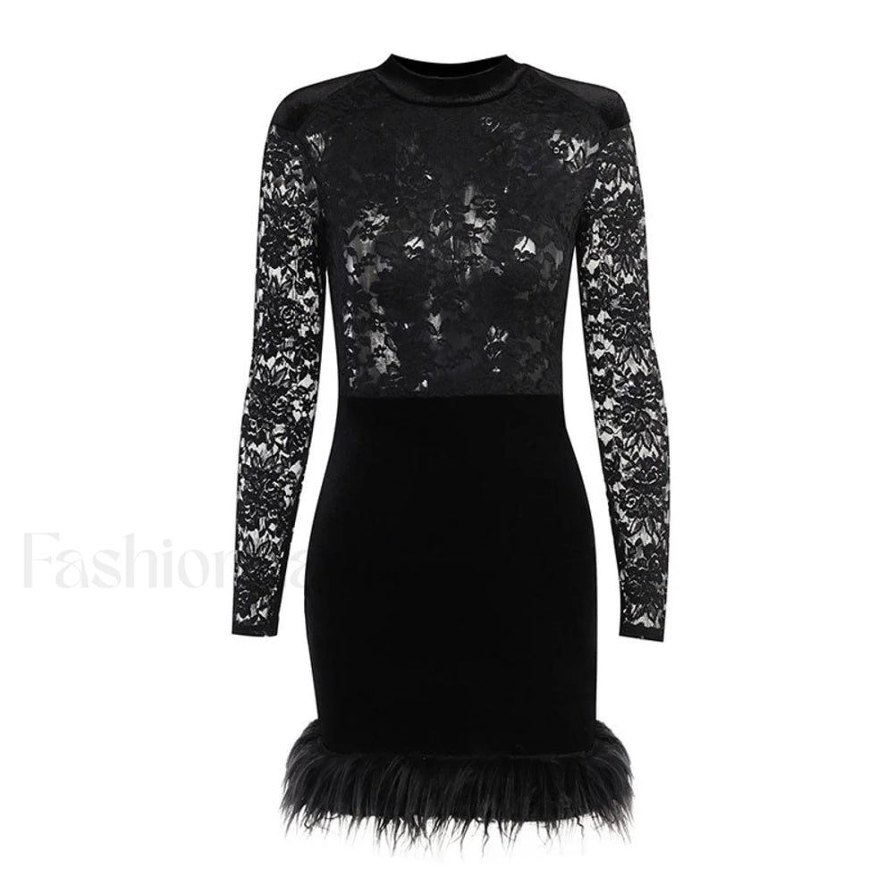 High Neck Long Sleeve Floral Lace Panel Trim Mini Dress Black Party Dresses L
