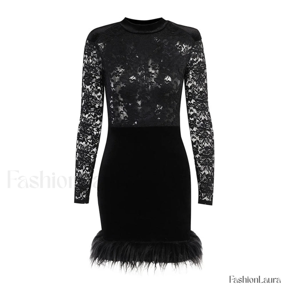 High Neck Long Sleeve Floral Lace Panel Trim Mini Dress Black Party Dresses L