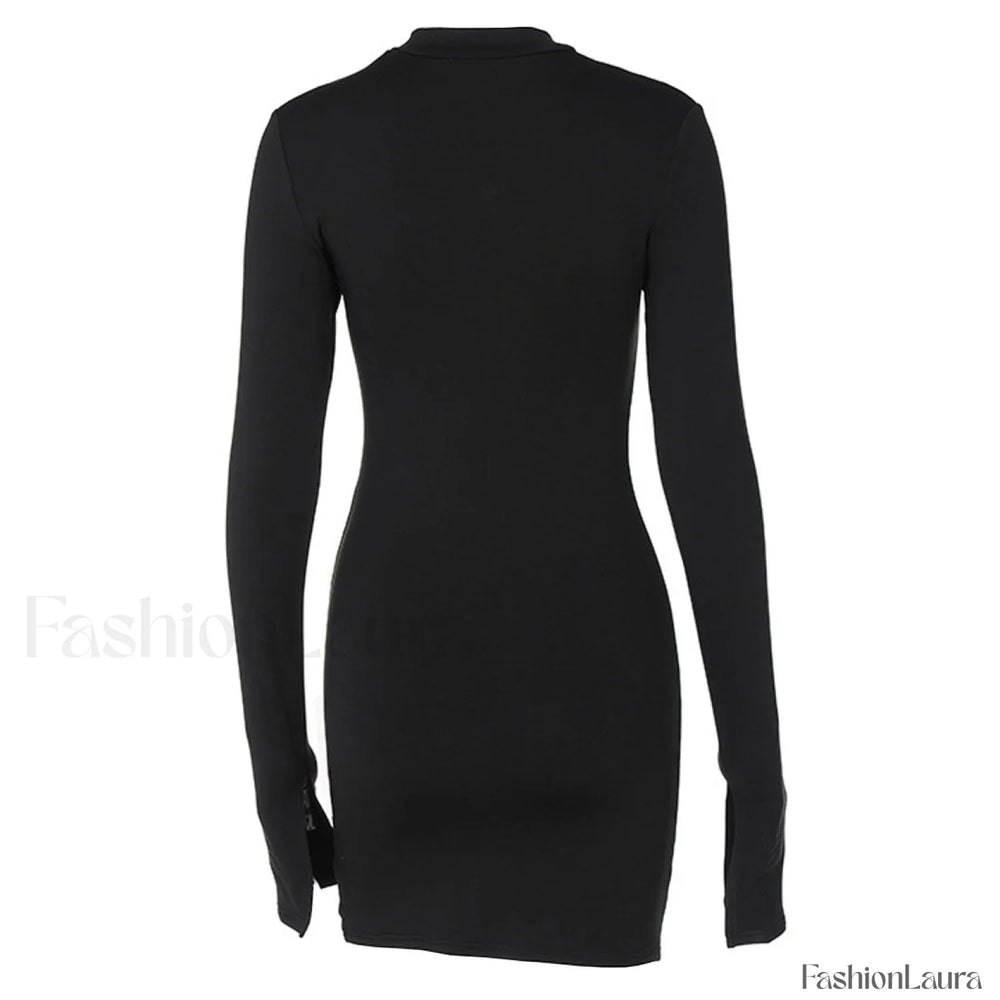 High Neck Long Sleeve Side Split Cutout Mini Dress Black Party Dresses L