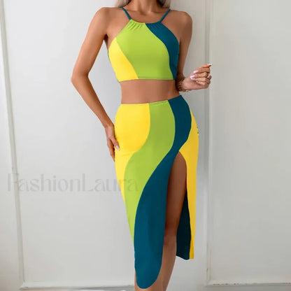 High Neck Pink Sarong Three Piece Set