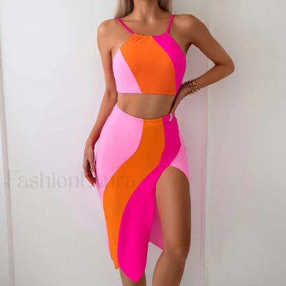 High Neck Pink Sarong Three Piece Set orange pink / S