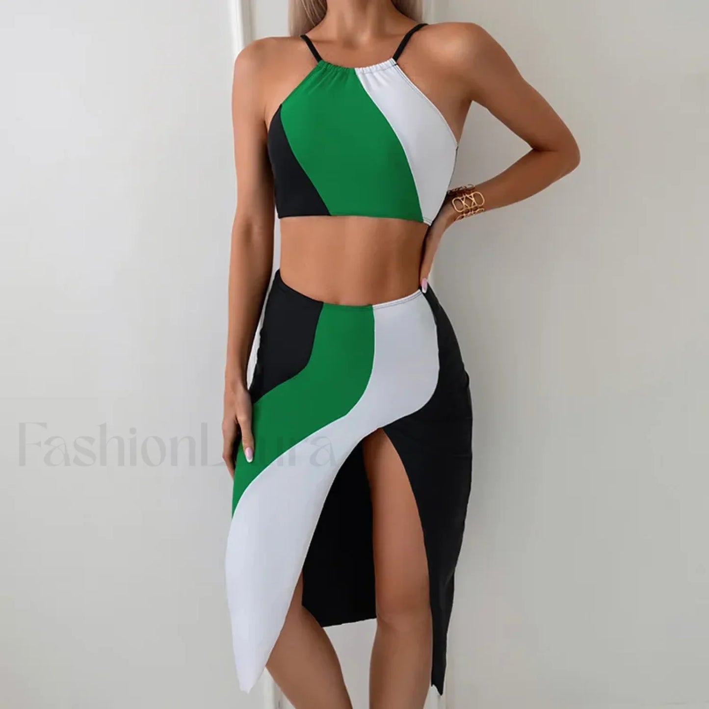 High Neck Pink Sarong Three Piece Set white green / S