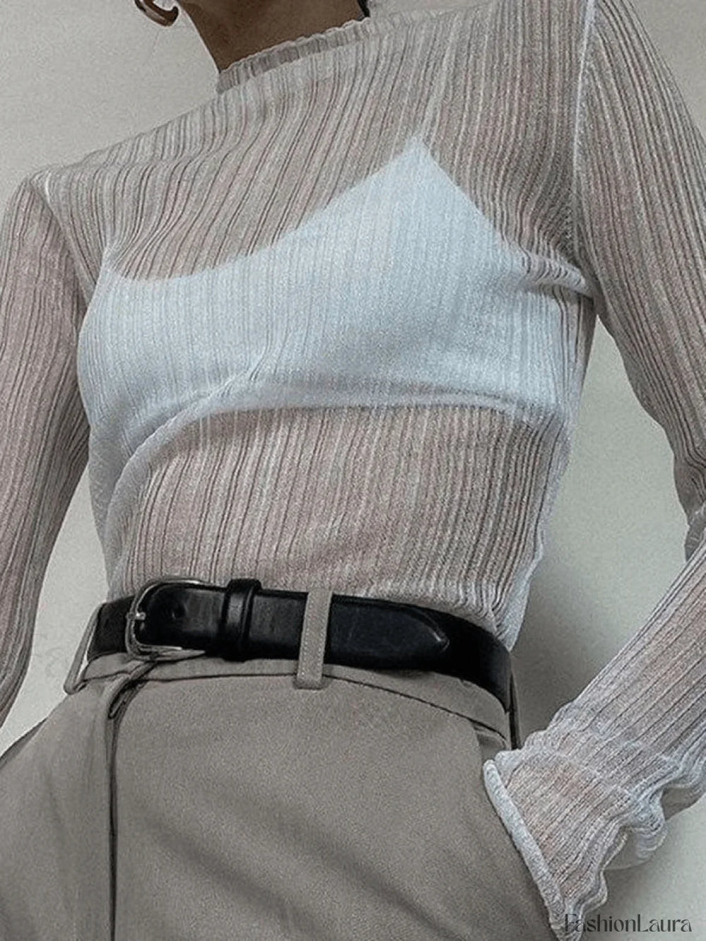 High Neck Semi Sheer Knit Top Tops&Tees