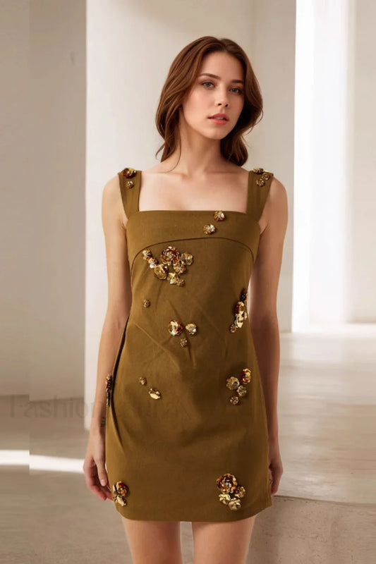 High Quality Sleeveless Waist Cinched Commute Dress Brown / S