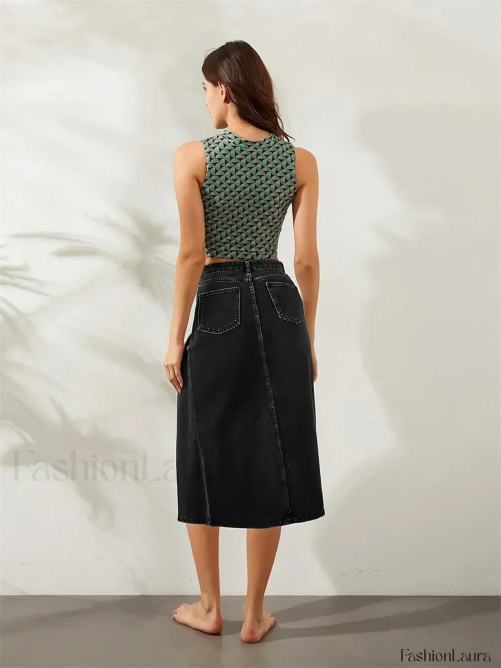 High Split Denim Pencil Skirt