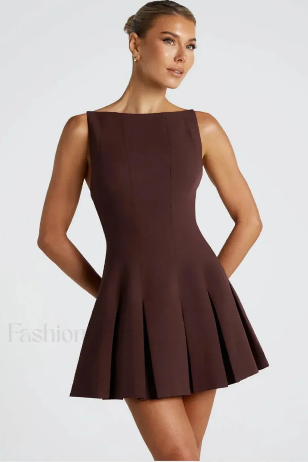 High Waist A Line Mini Dress Brown / S