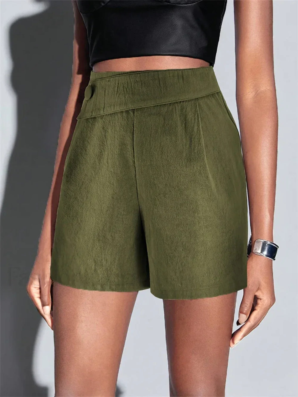 High Waist Cotton Linen A line Chic Office Lady Short green / M