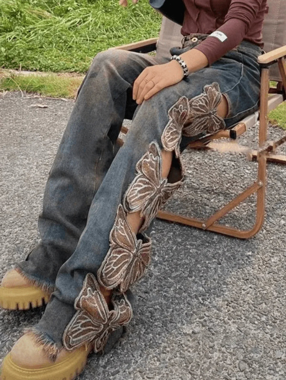 High Waist Embroidered Ripped Loose Fit Ripped Jeans Jeans