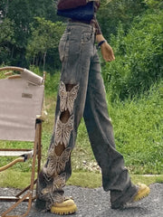 High Waist Embroidered Ripped Loose Fit Ripped Jeans Blue / S Jeans