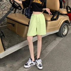 High Waist Five Point Loose Wide Leg Denim Short Fluorescent Yellow / S