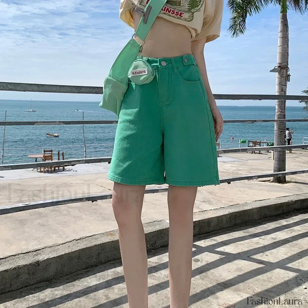 High Waist Five Point Loose Wide Leg Denim Short Green / S