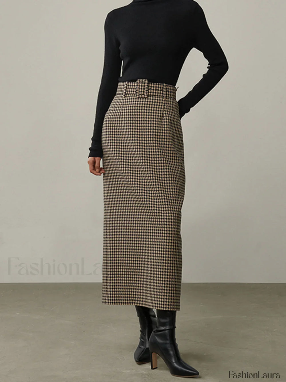 High Waist Graceful Houndstooth Midi Skirt Khaki / XS Skirts