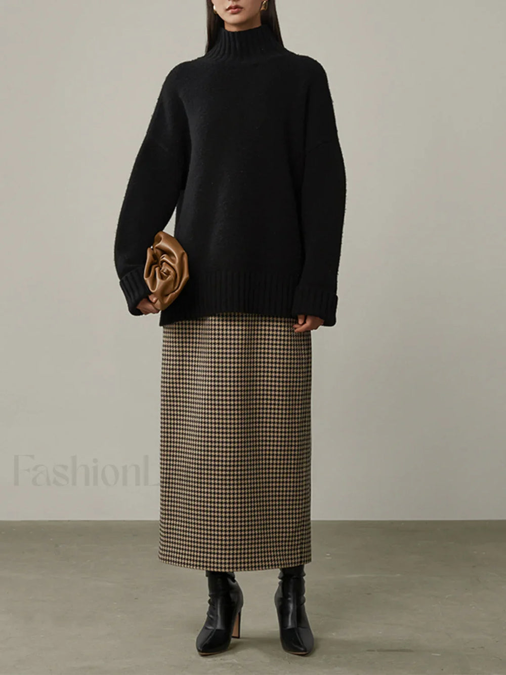 High Waist Graceful Houndstooth Midi Skirt Skirts