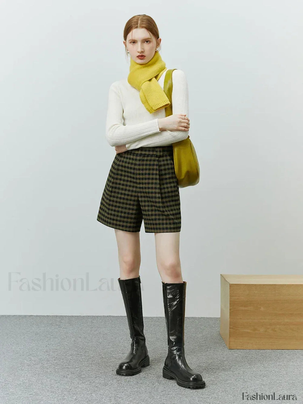 High Waist Green Black Plaid Shorts Plaid / XS