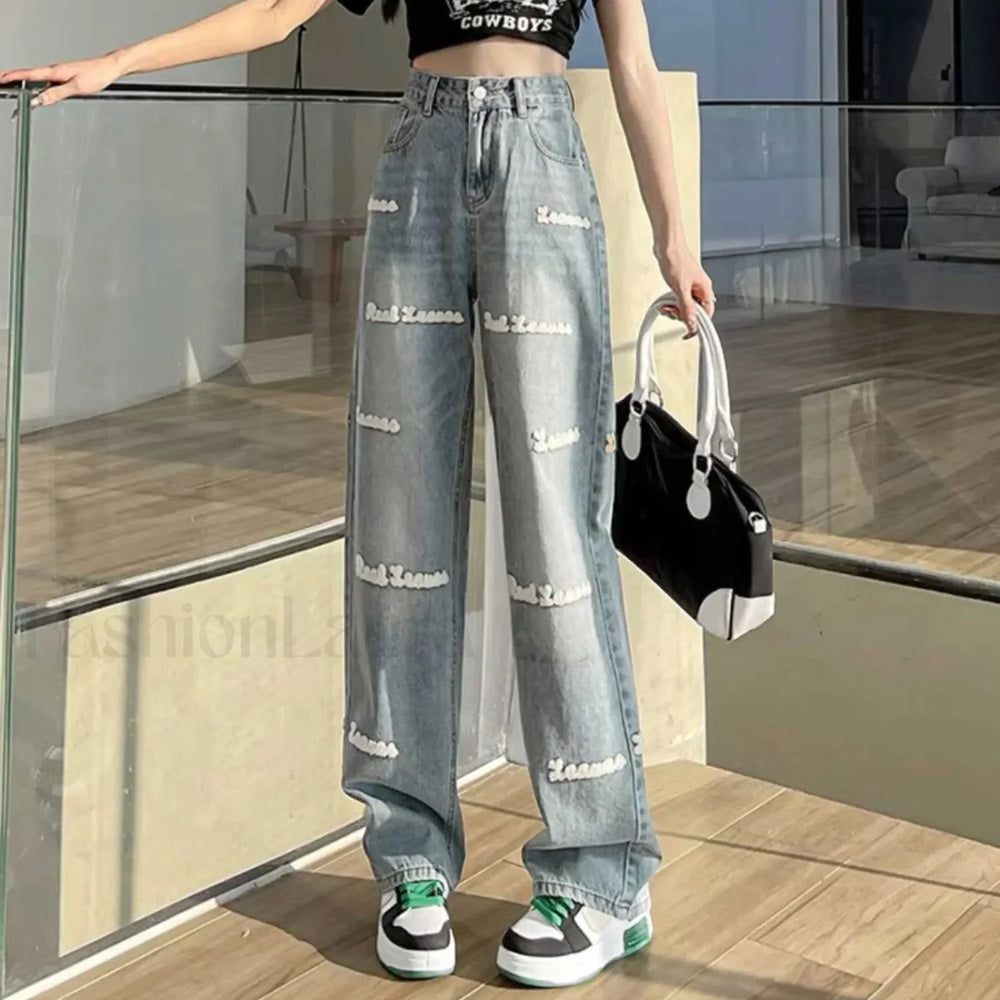 High Waist Harajuku Pink Lace up Streetwear Jeans Beige / XS