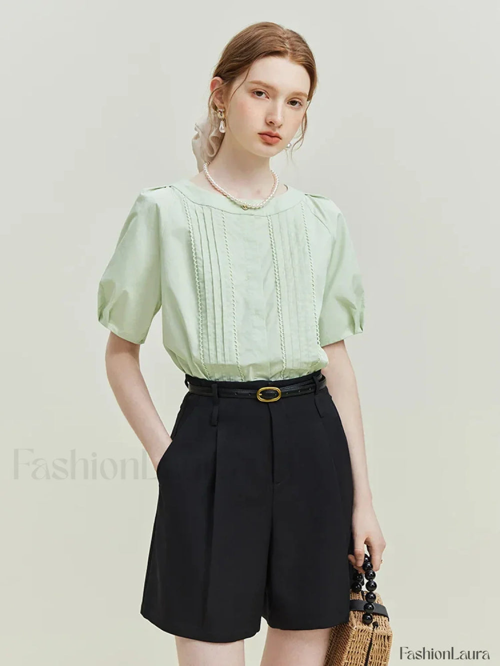 High Waist Pleated Design Twill Office Lady Solid Short