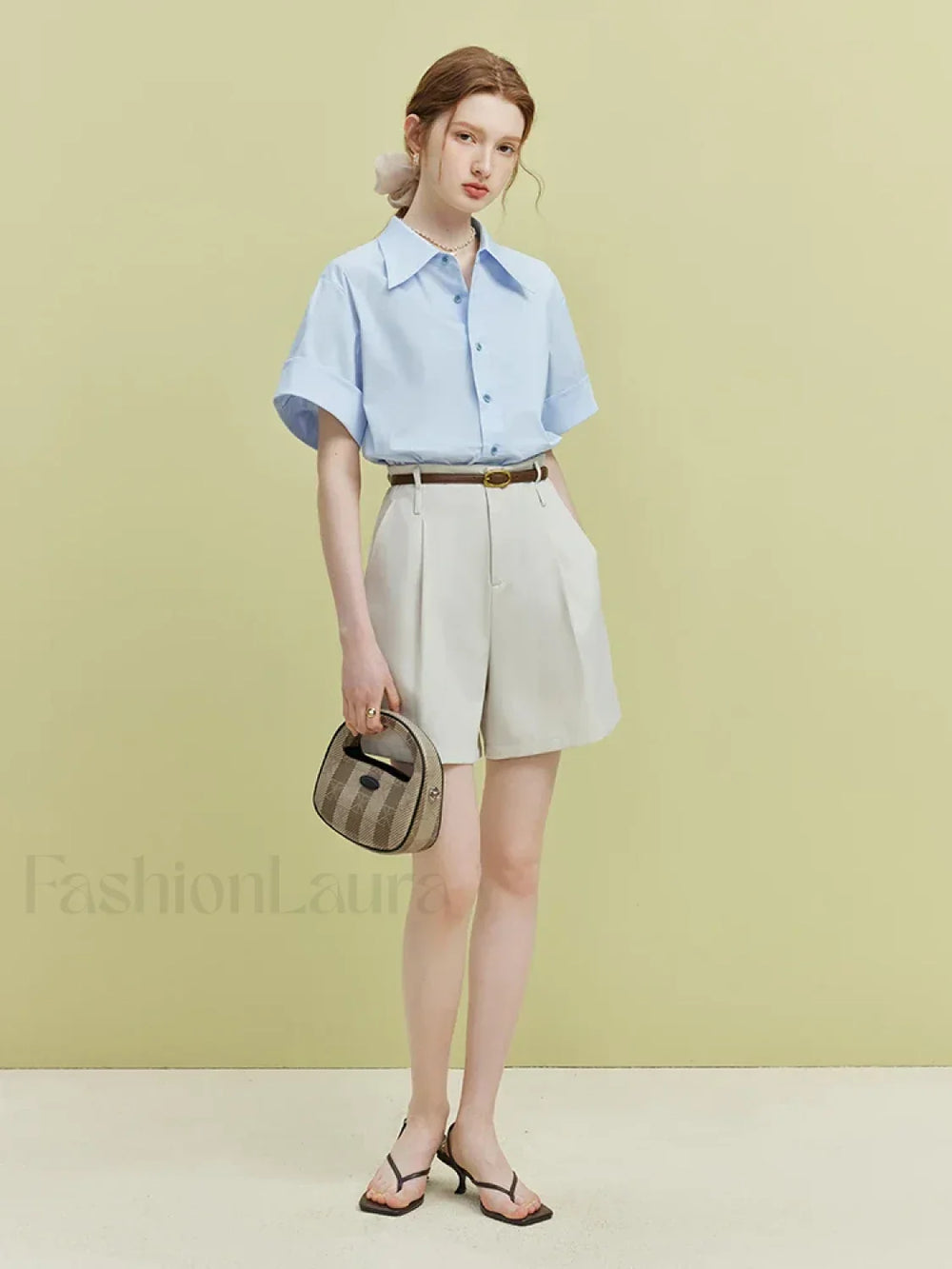 High Waist Pleated Design Twill Office Lady Solid Short APRICOT / S