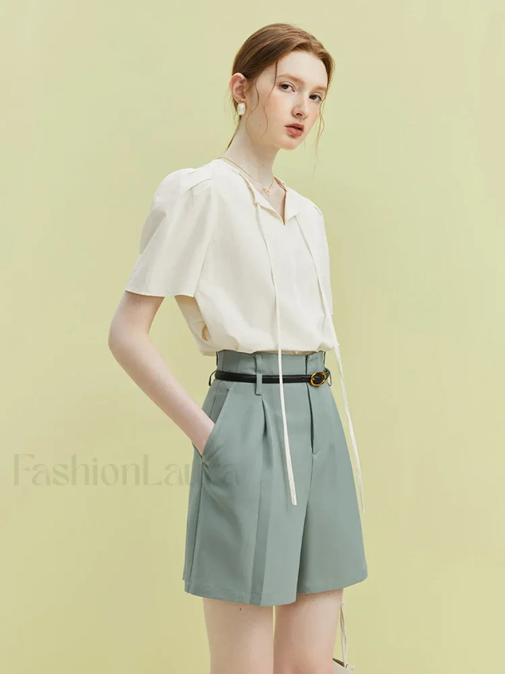 High Waist Pleated Design Twill Office Lady Solid Short Green / S