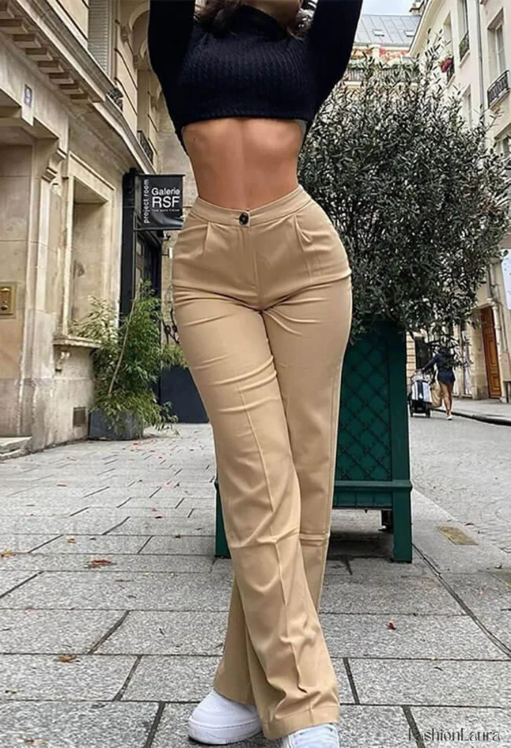 High Waist Solid Straight Pants Khaki / M Pants