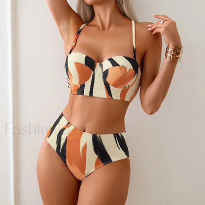 High Waist Striped Push Up Three Piece Set