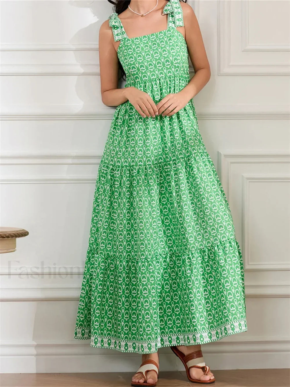 High Waist Tie Strap Print Maxi Dress green / S