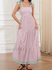 High Waist Tie Strap Print Maxi Dress pink / S