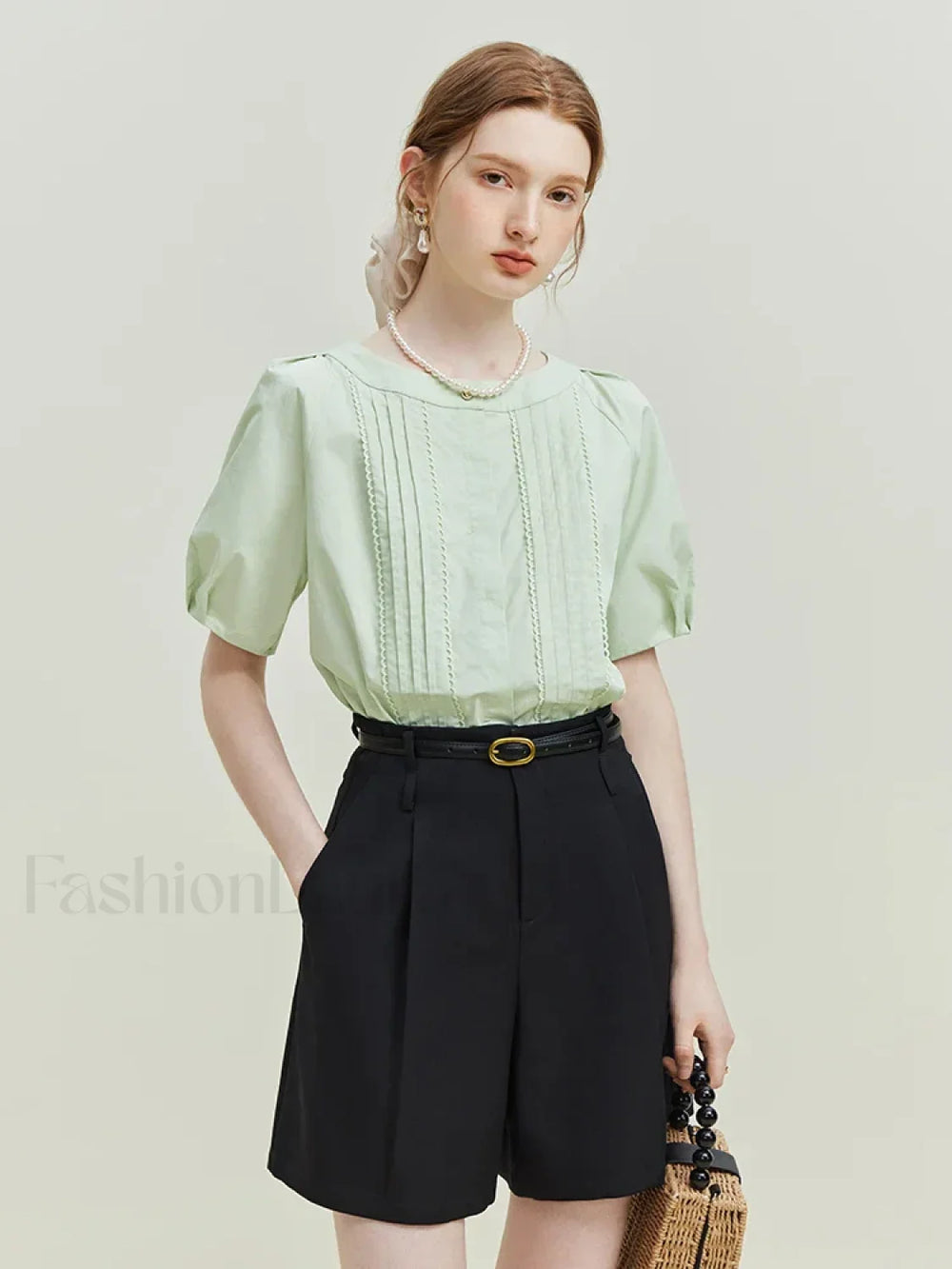 High Waist Twill Pleated Office Lady Short Black / S