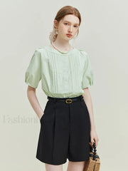 High Waist Twill Pleated Office Lady Short Black / S