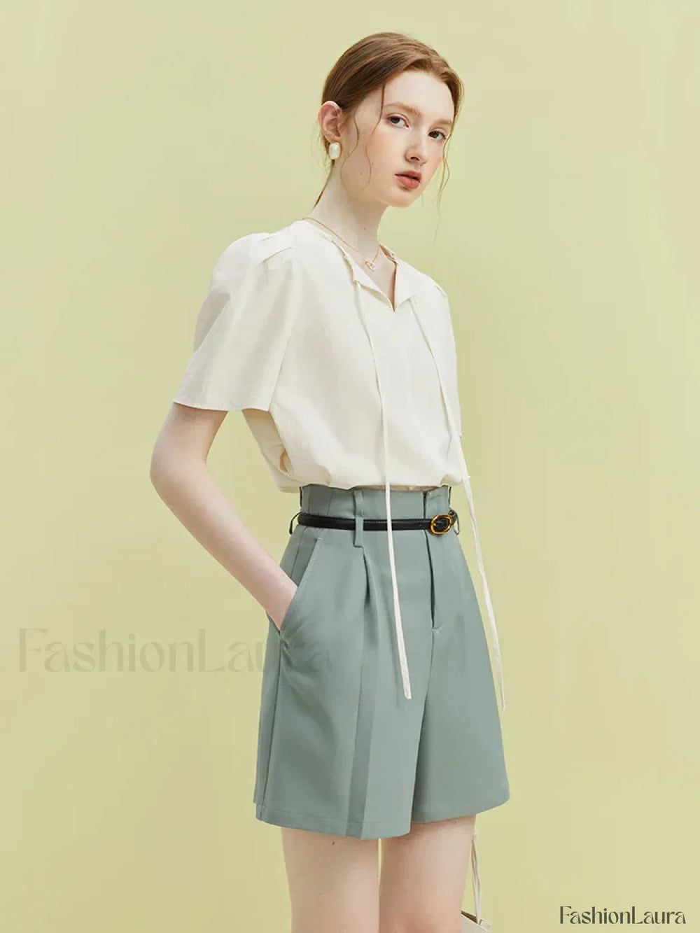 High Waist Twill Pleated Office Lady Short Green / S