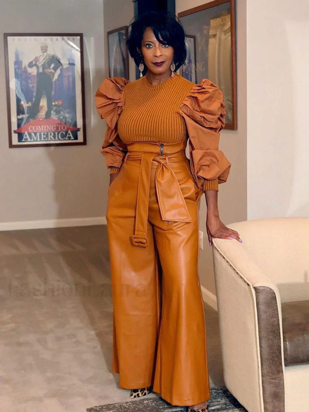 High Waist Wide Leg PU Pants Brown / M Pants