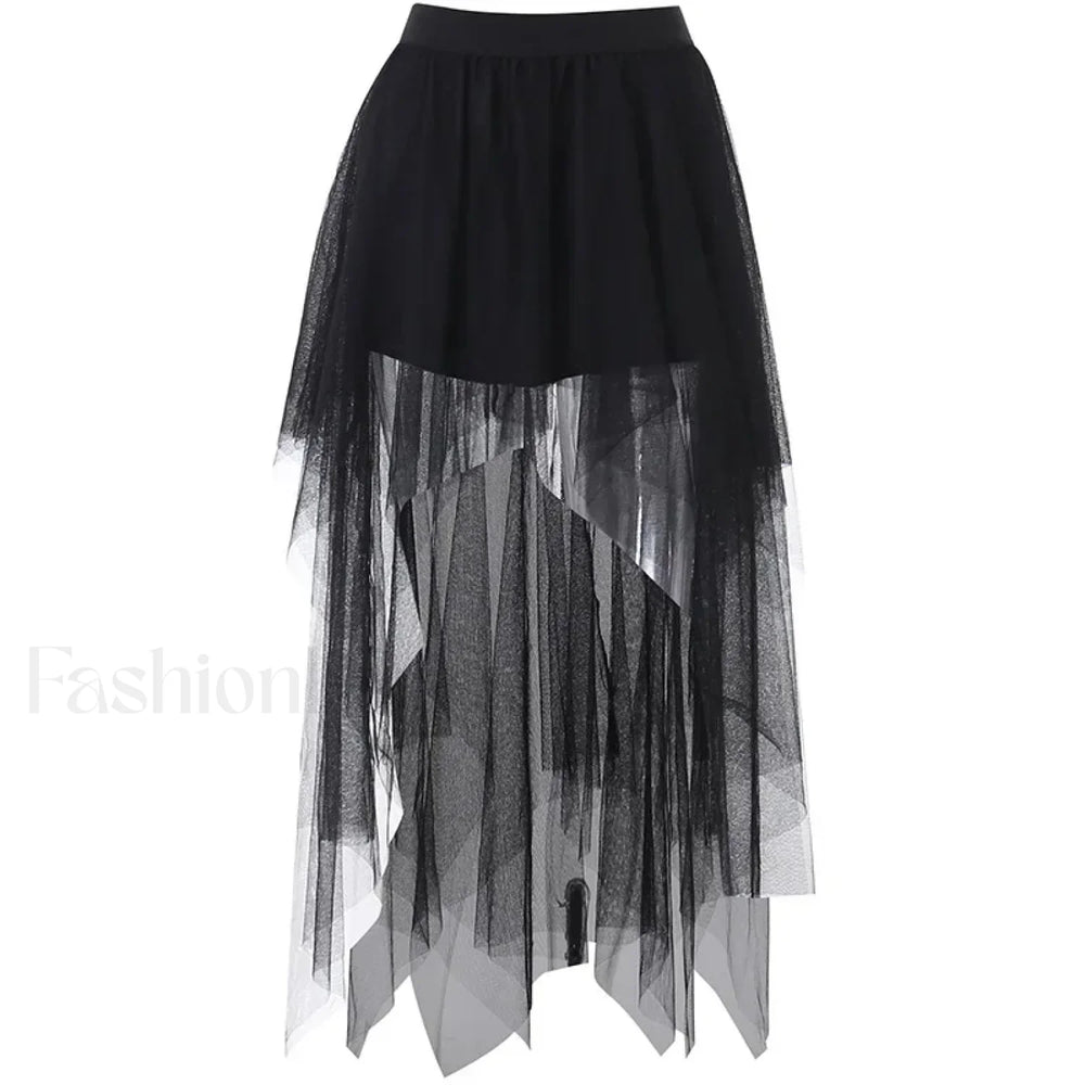 High Waisted Gothic Net Yarn Summer Skirt BLACK / S