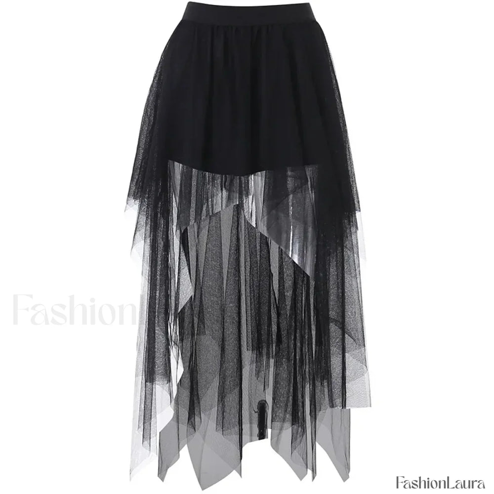 High Waisted Gothic Net Yarn Summer Skirt BLACK / S