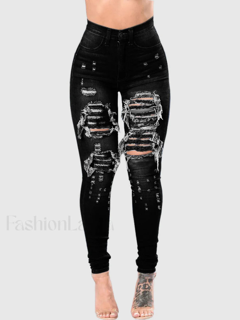 High Waisted Skinny Ripped Jeans Black / M Jeans