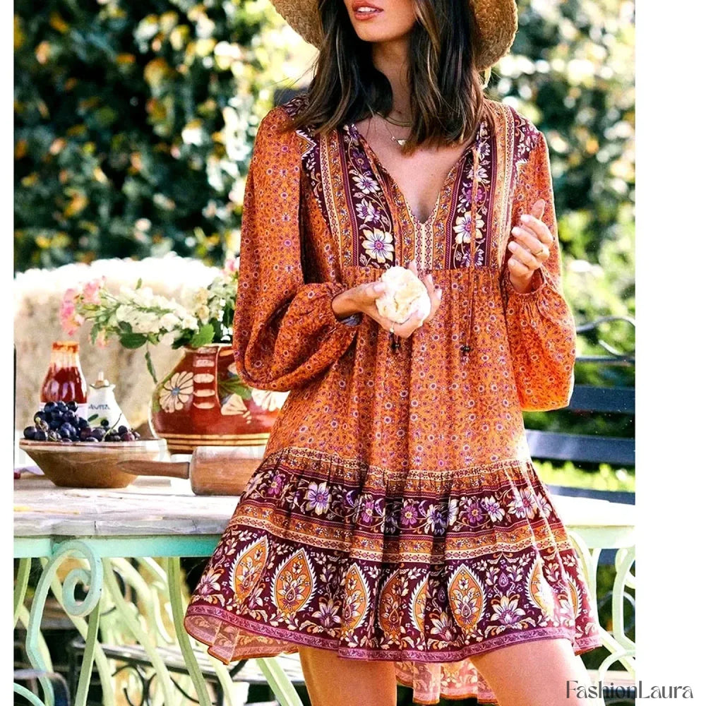 Hippie Tie Up Ruffled Boho Dress