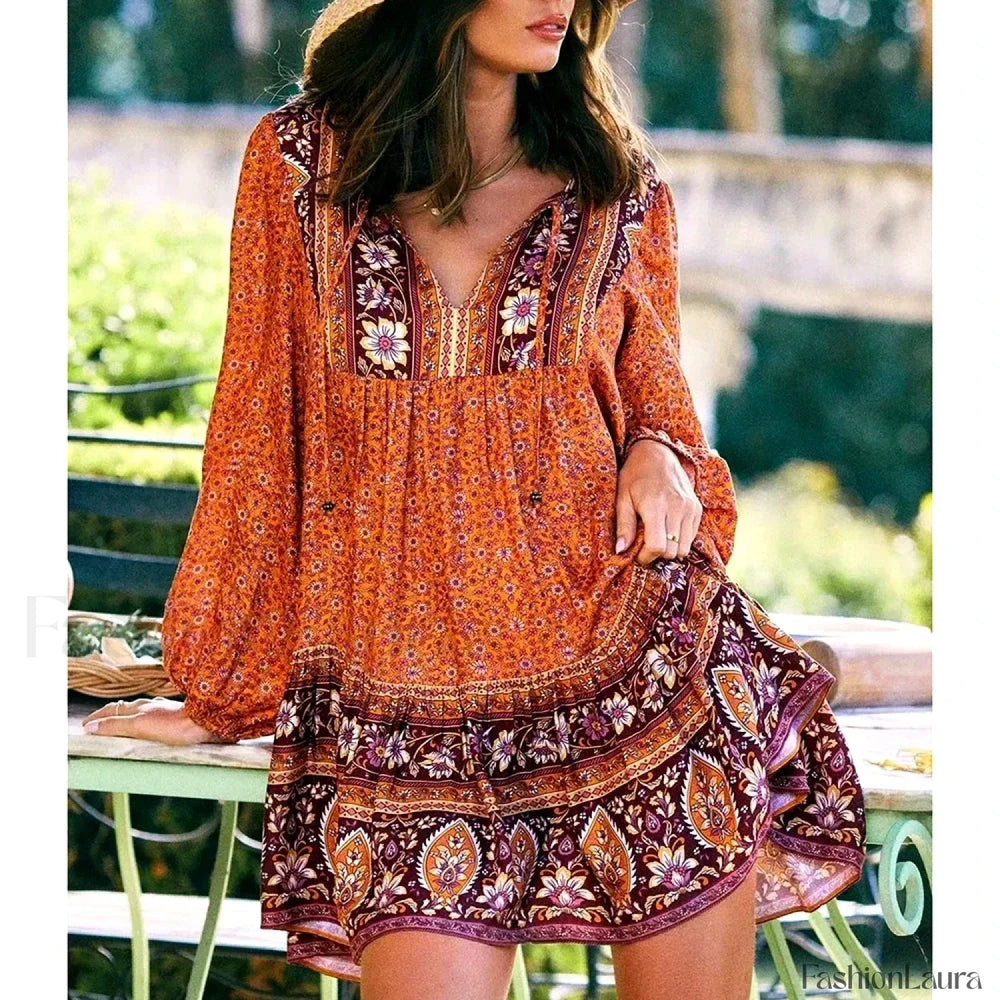 Hippie Tie Up Ruffled Boho Dress Orange / S