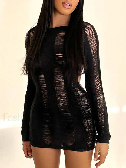 Holes Ripped Knit Backless Hollow Out Cover Up Black / S