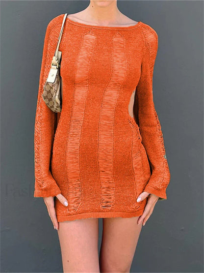 Holes Ripped Knit Backless Hollow Out Cover Up Orange / M