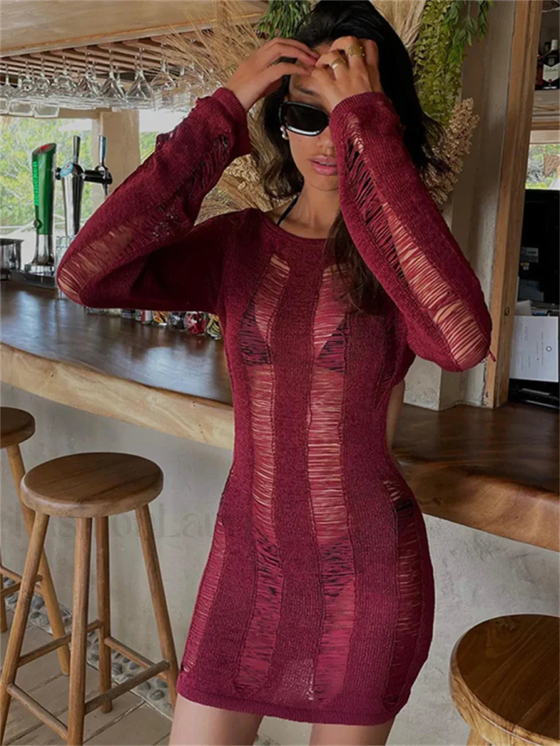 Holes Ripped Knit Backless Hollow Out Cover Up Rose Red / S