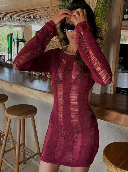 Holes Ripped Knit Backless Hollow Out Cover Up Rose Red / S