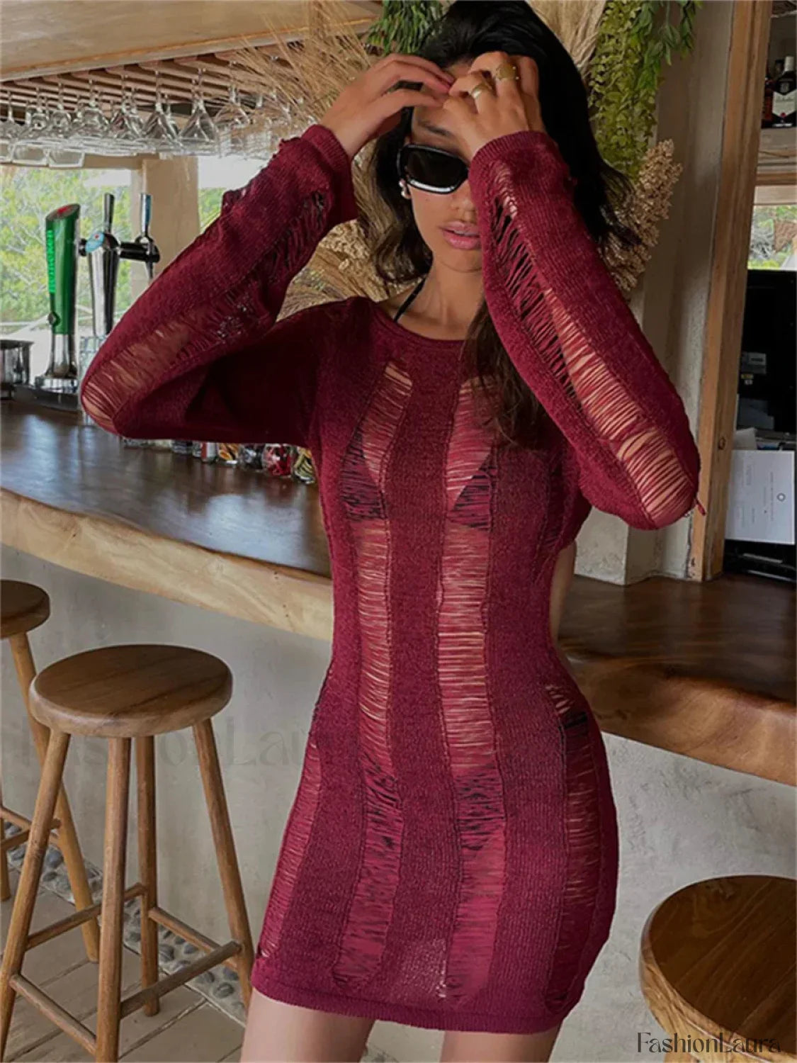 Holes Ripped Knit Backless Hollow Out Cover Up Rose Red / S