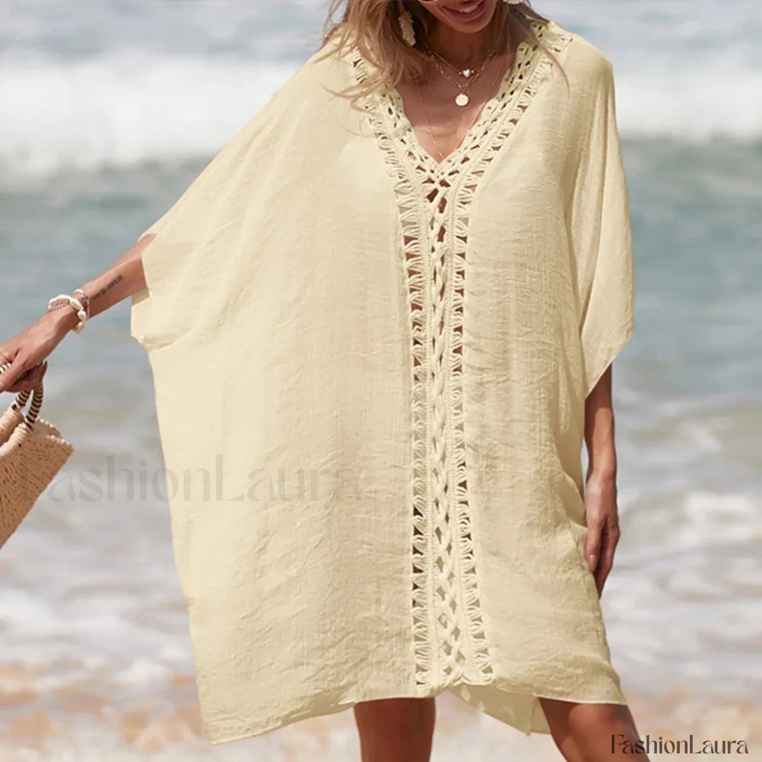Holiday Crochet Spliced Beach Cover Up APRICOT / One Size