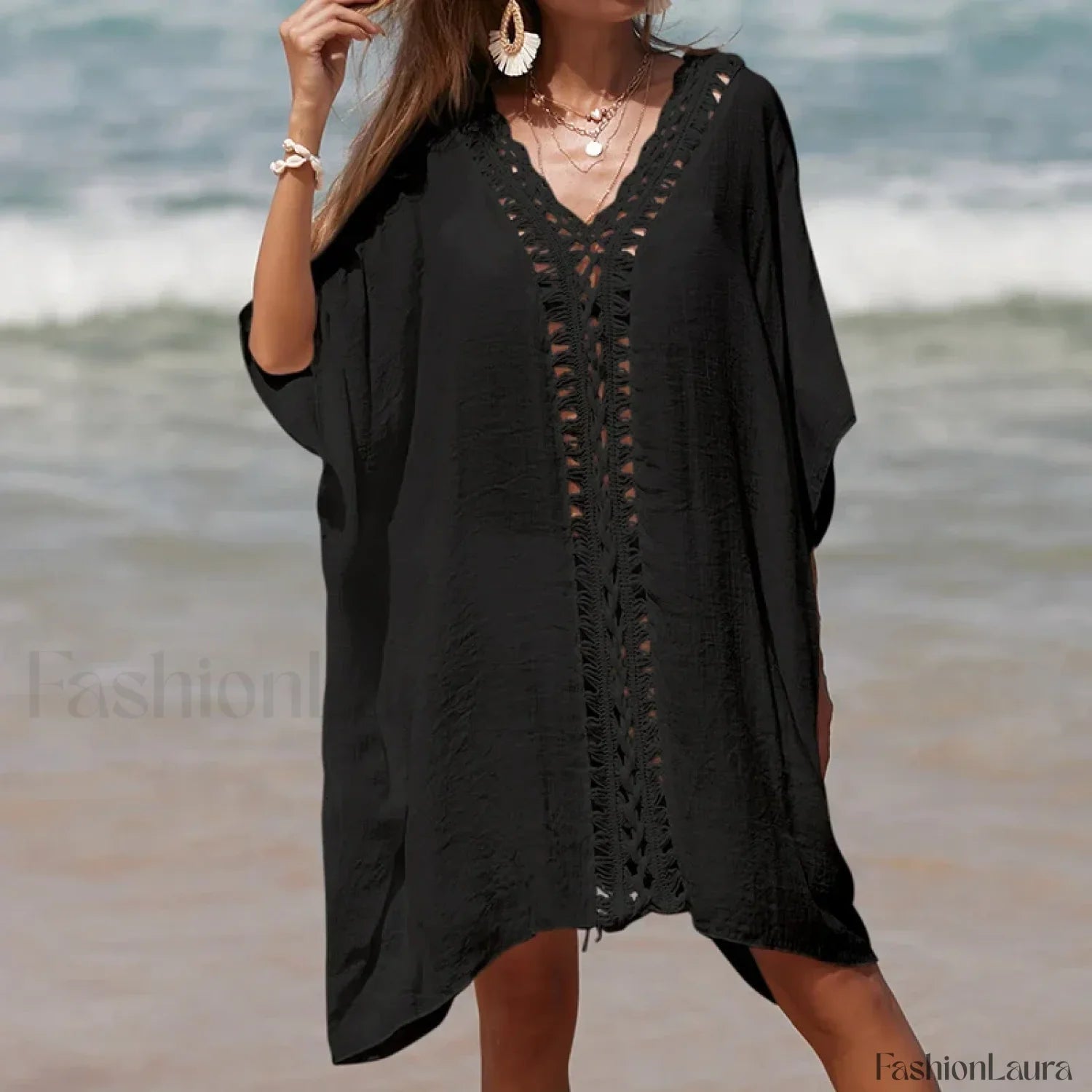 Holiday Crochet Spliced Beach Cover Up Black / One Size
