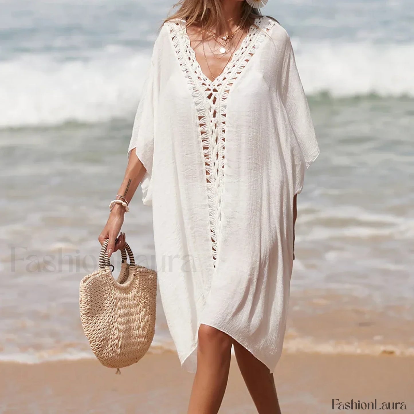 Holiday Crochet Spliced Beach Cover Up WHITE / One Size