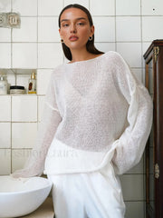 Hollow Draped Snug Knit Top White / XS Knit Tops