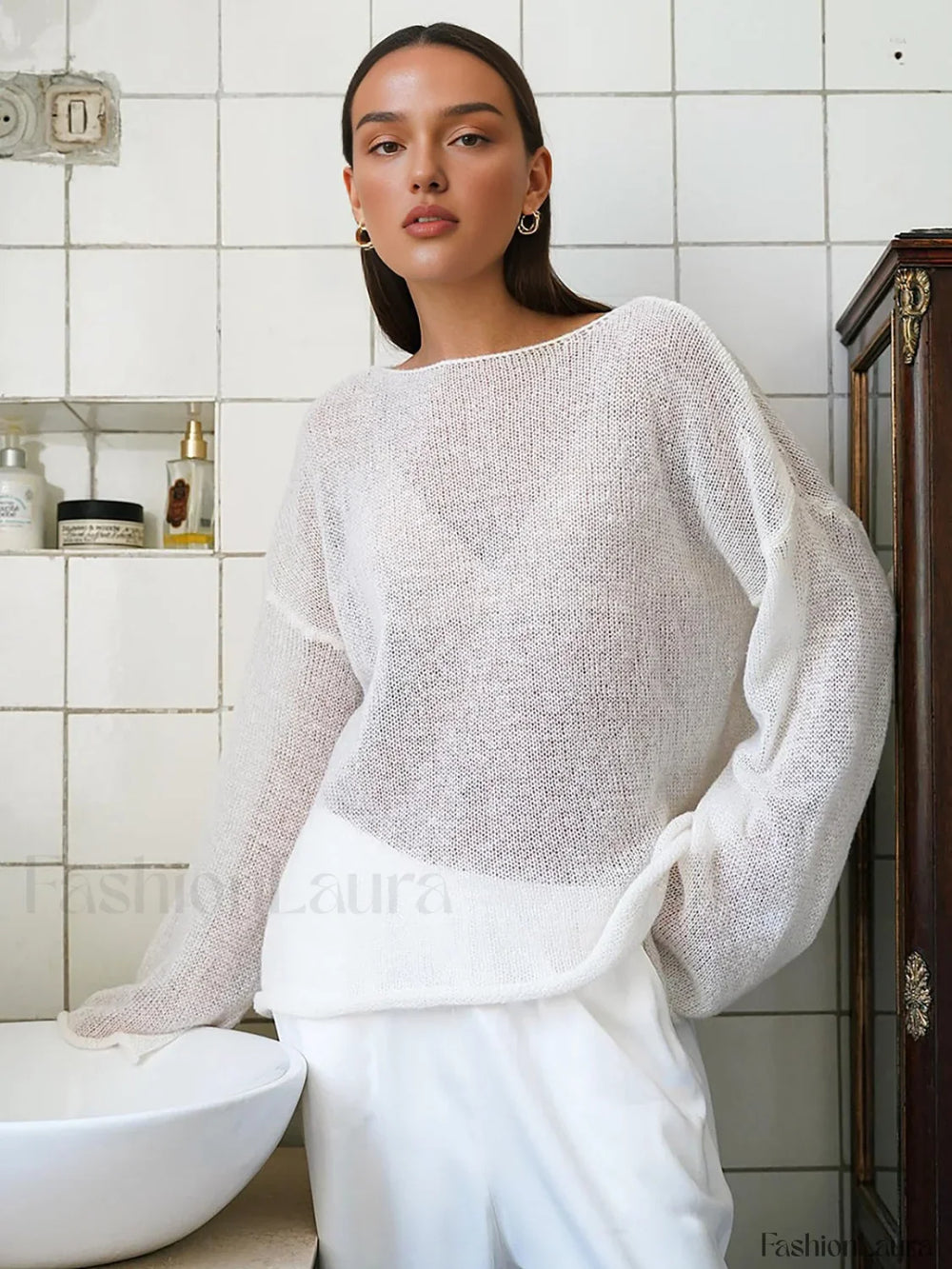 Hollow Draped Snug Knit Top White / XS Knit Tops