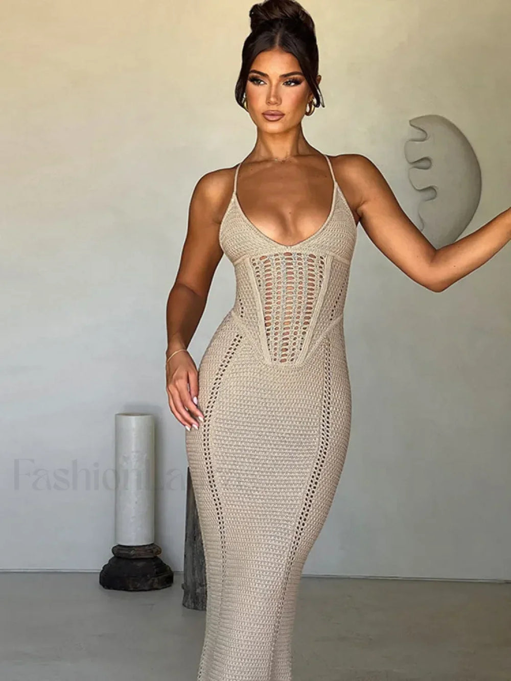 Hollow Lace Up Sweater Maxi Dress