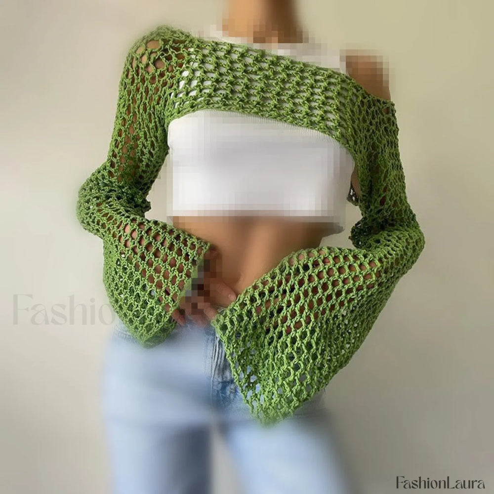 Hollow Out Crochet Knit Bolero Shrug Green / XS Sweaters