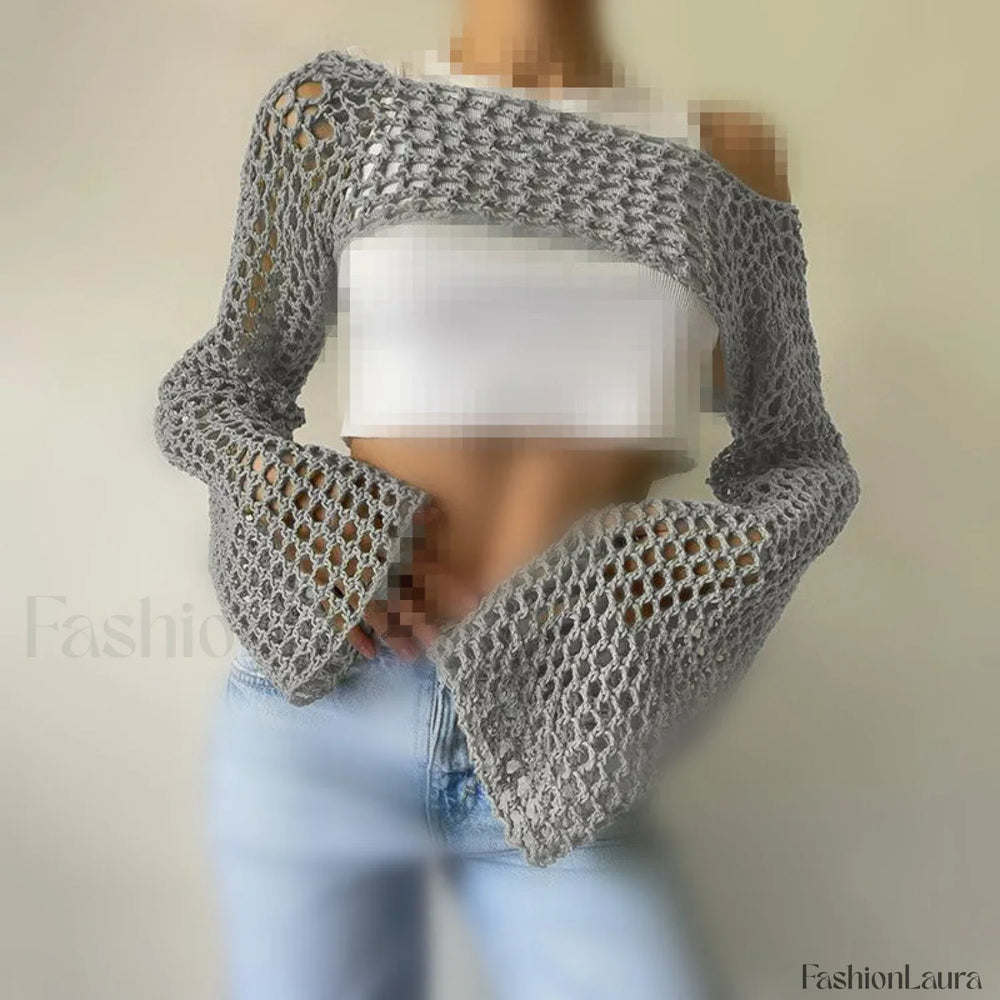 Hollow Out Crochet Knit Bolero Shrug Grey / XS Sweaters